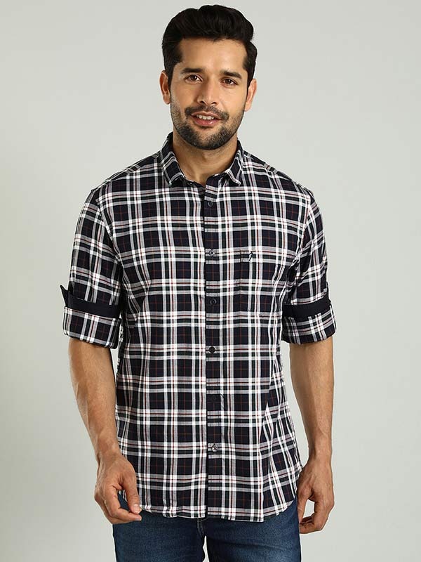 Indian Terrain Men's Regular Fit Full Sleeve Checkered Navy Shirt